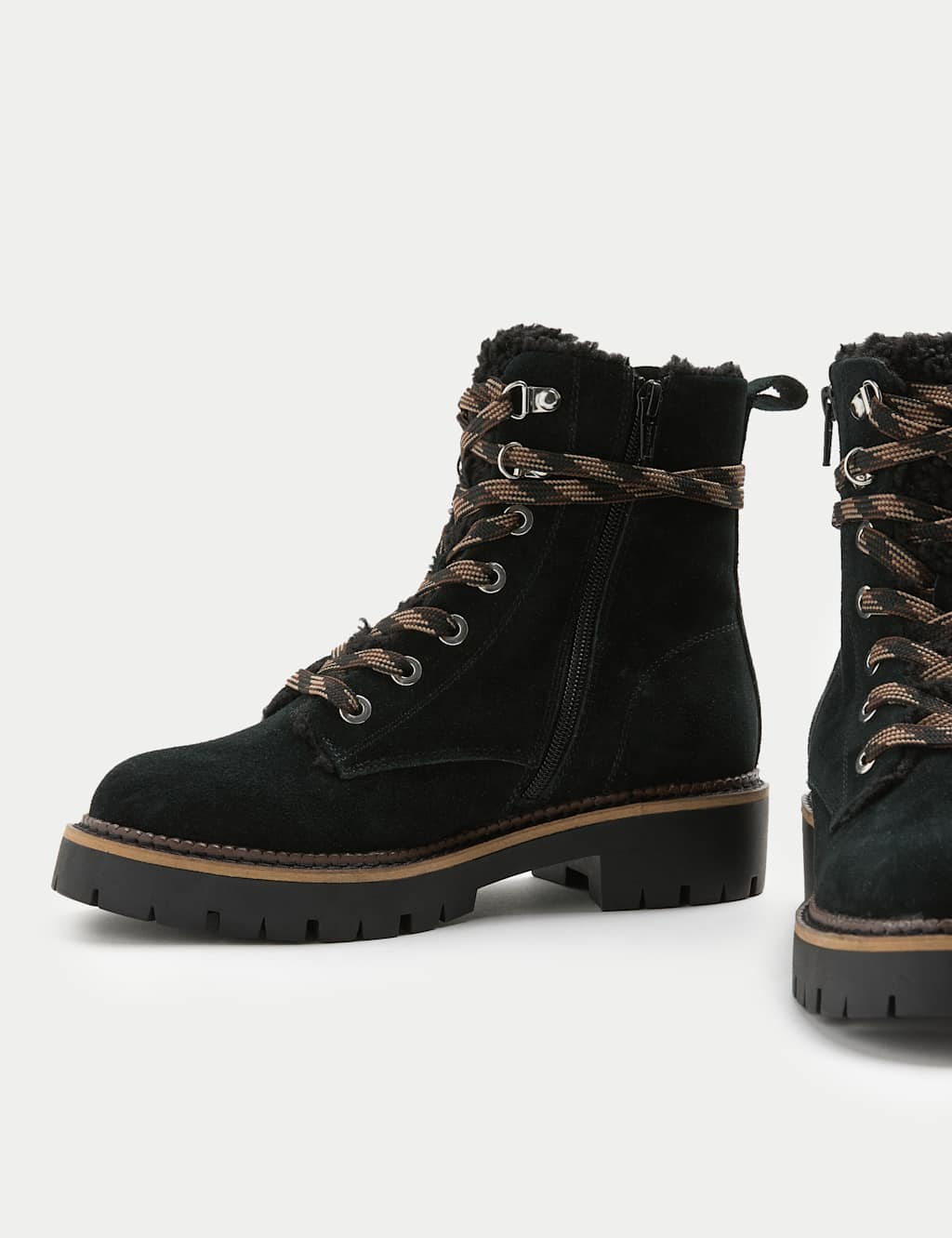 M&S Suede Borg Lined Block Heel Winter Boots Black Mix