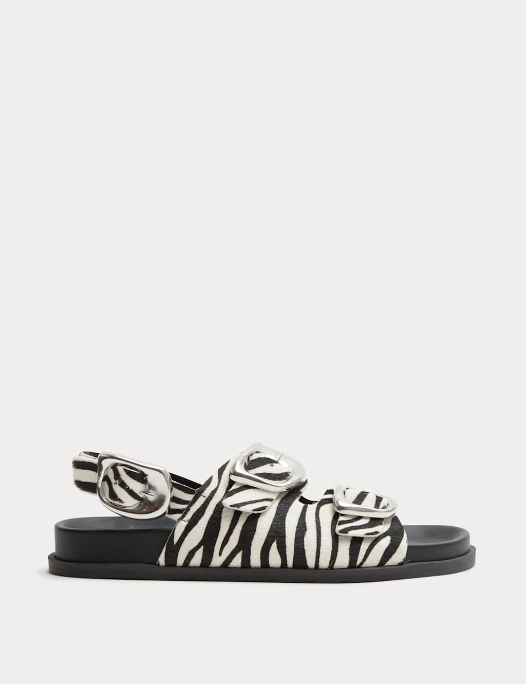 M&S Leather Buckle Animal Print Flat Sandals Black Mix