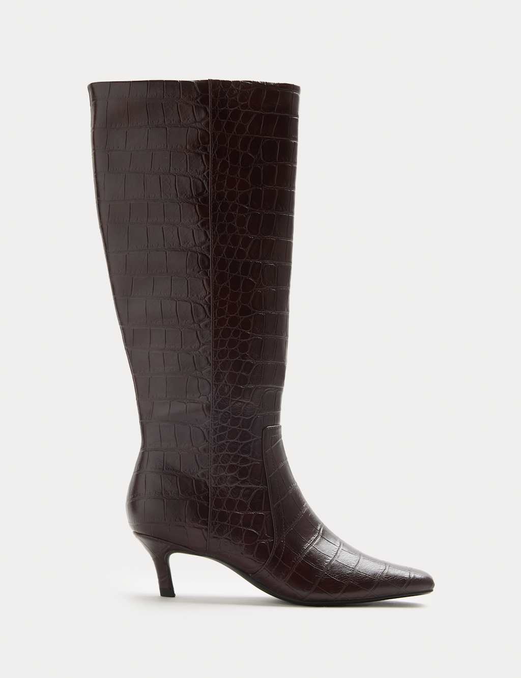 M&S Croc Kitten Heel Knee High Boots Burgundy
