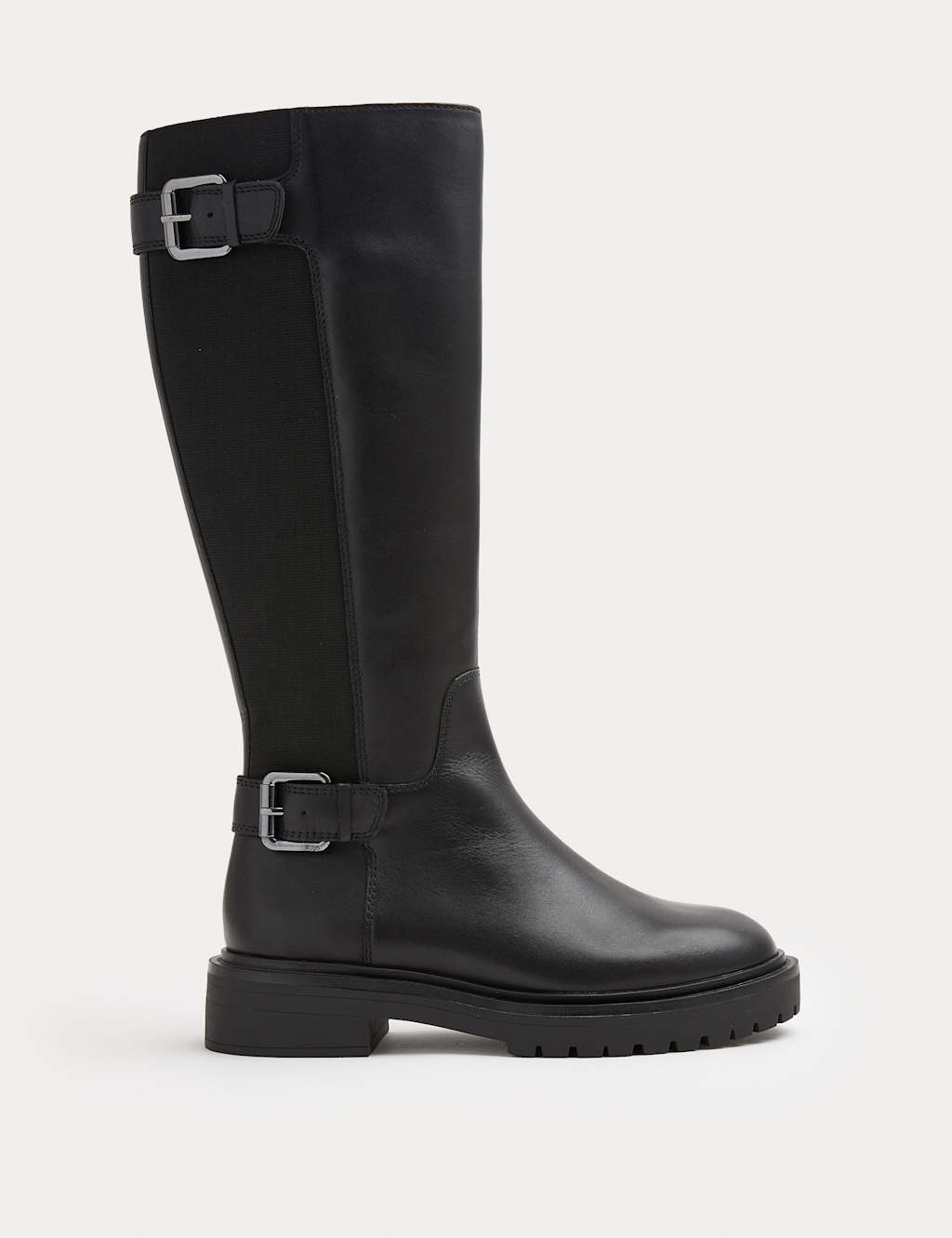M&S Leather Double Buckle Knee High Boots Black