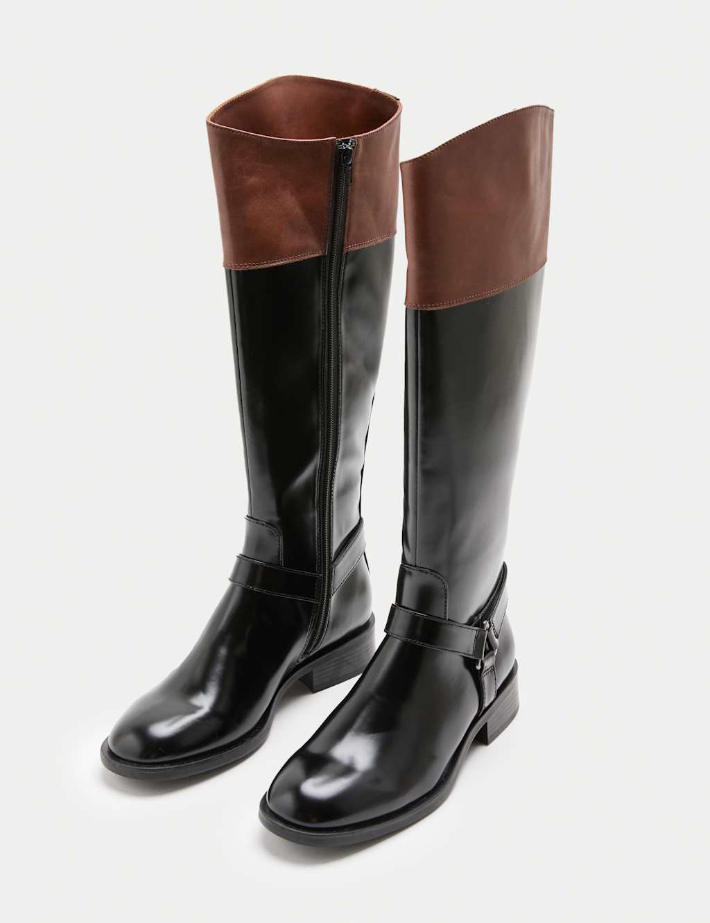 M&S Leather Buckle Knee High Riding Boots Black Mix