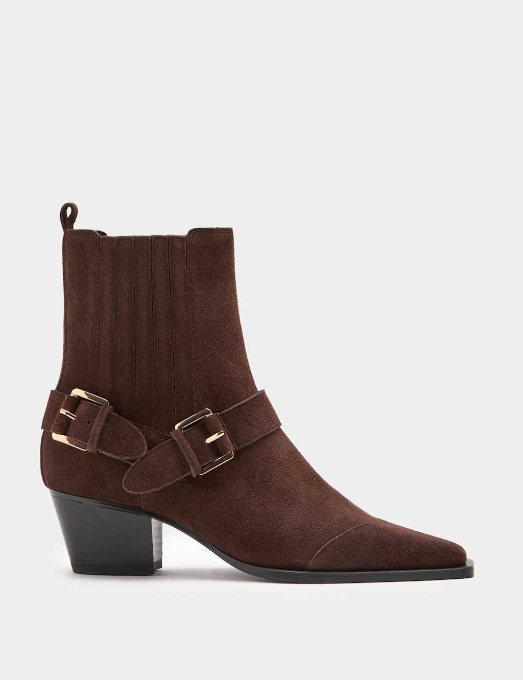M&S Suede Buckle Block Heel Chisel Toe Ankle Boots Chocolate