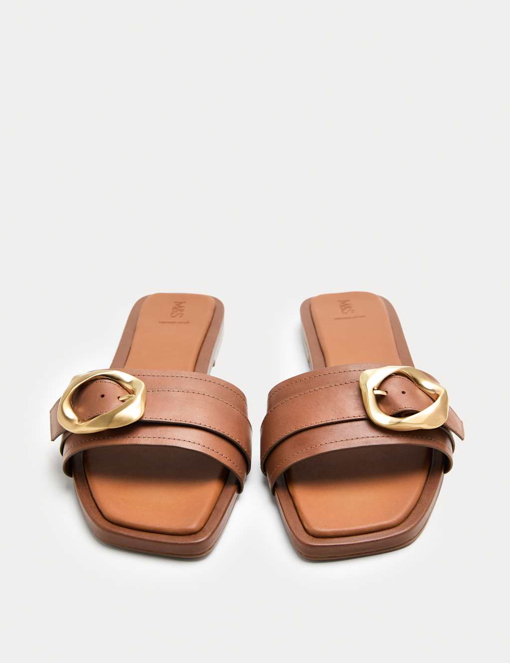 M&S Women's Leather Trim Flat Mule Sandals - 5 - Tan