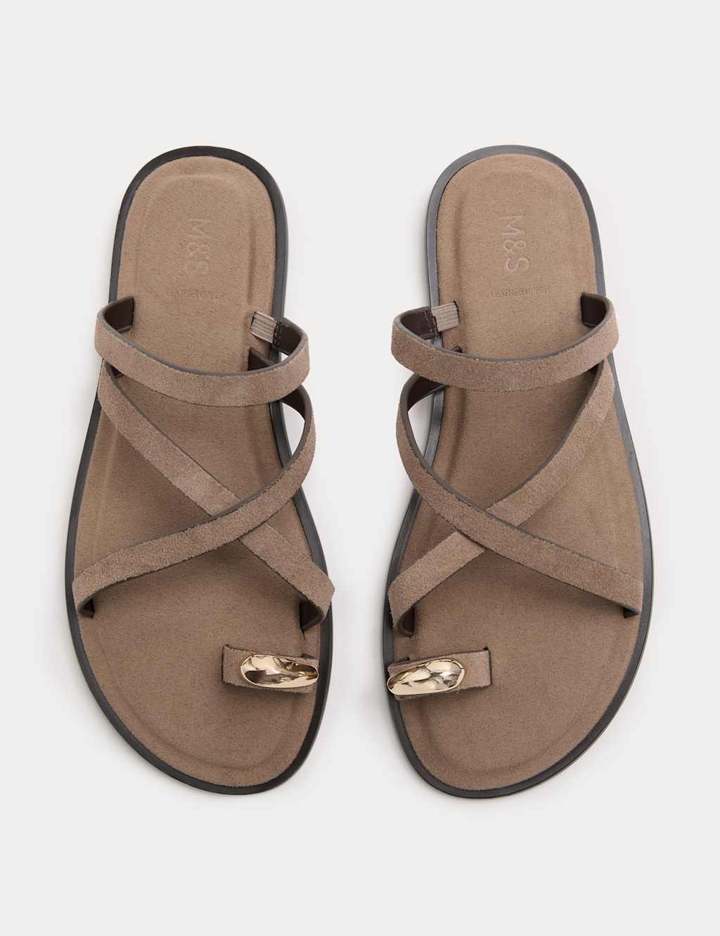 M&S Women's Suede Strappy Flat Toe Loop Sandals - 8 - Taupe