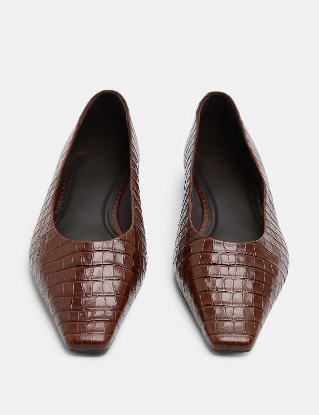 M&S Women's Leather Croc Chisel Toe Flat Pumps - 5 - Tan