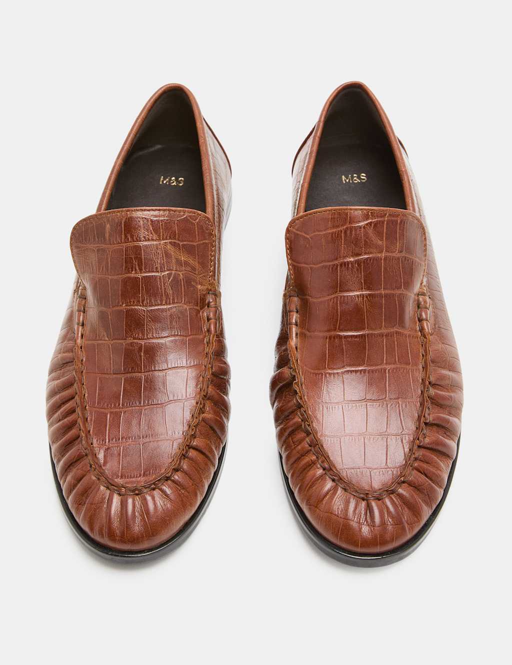 M&S Women's Leather Croc Ruched Loafers - 6½ - Tan