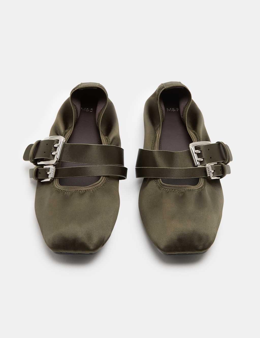 M&S Women's Satin Double Buckle Flat Mary Jane Ballet Pumps - 5 - Olive