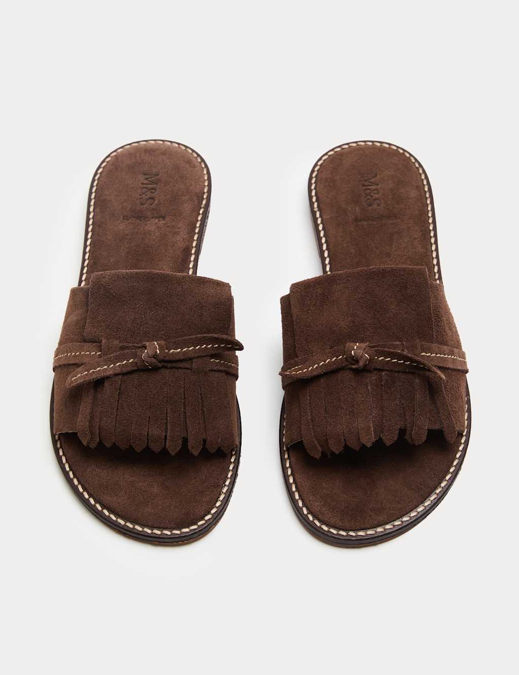 M&S Women's Suede Fringed Flat Mules - 7 - Brown
