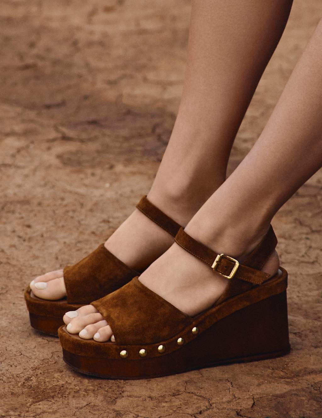 M&S Women's Suede Studded Wedge Open Toe Clog - 7 - Tan