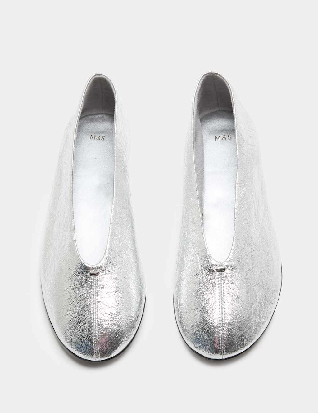 M&S Women's Leather Metallic Round Toe Ballet Pumps - 5 - Silver