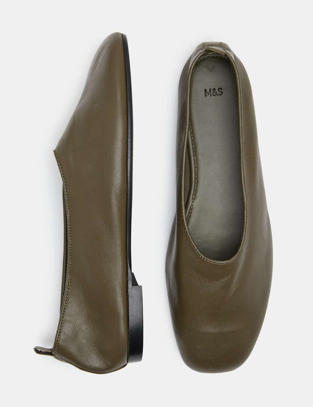 M&S Women's Leather High Vamp Flat Ballet Pumps - 6 - Olive
