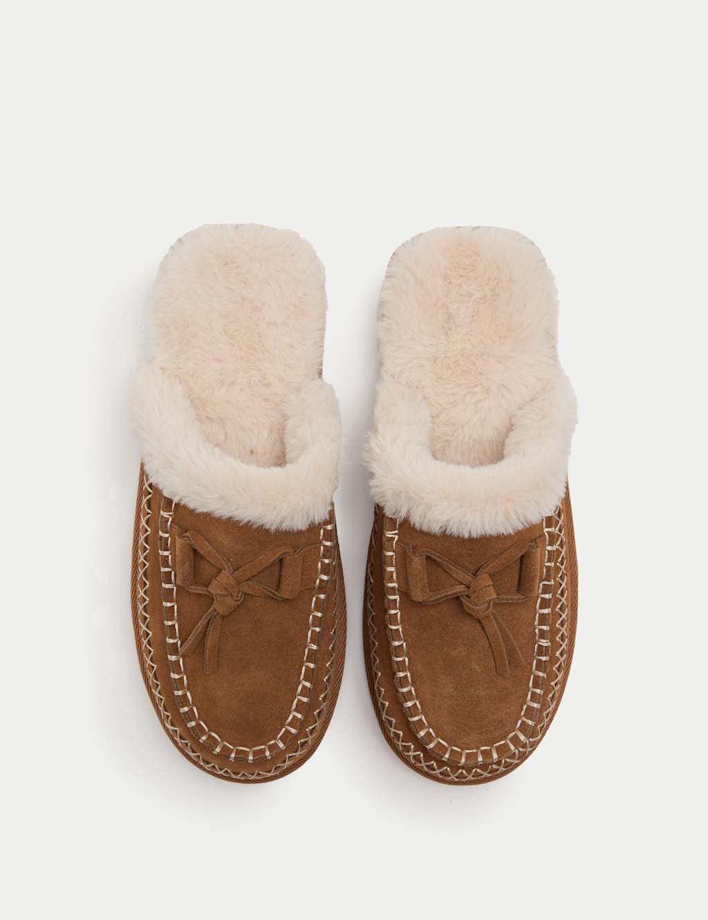 M&S Women's Suede Faux Fur Lined Stitch Detail Clog Slippers - 5 - Chestnut