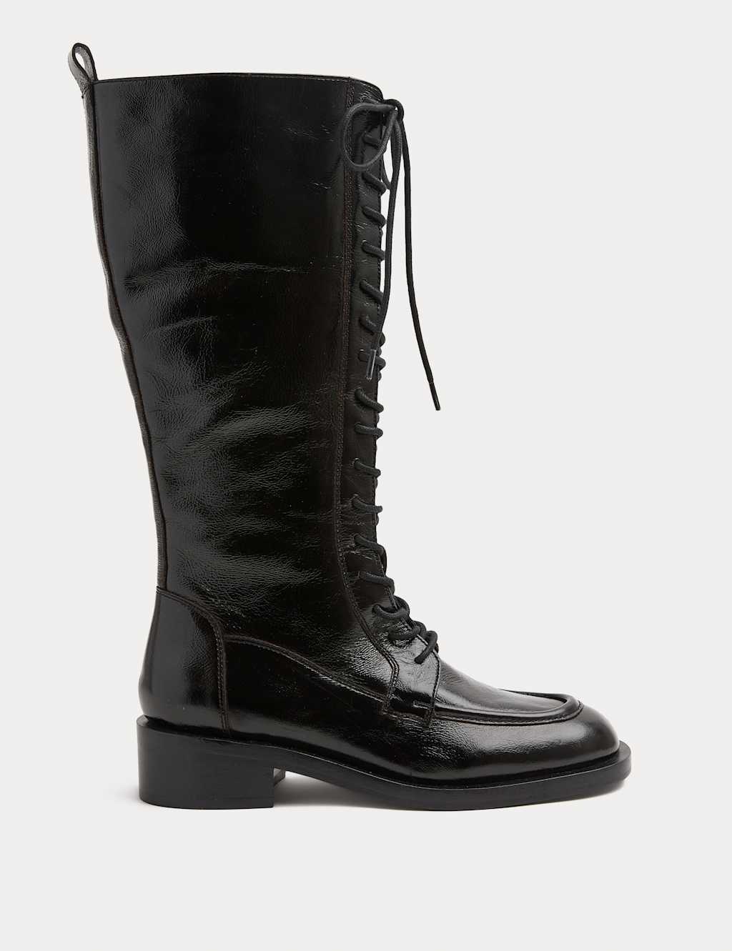 Autograph Patent Leather Lace Up Knee High Boot Black
