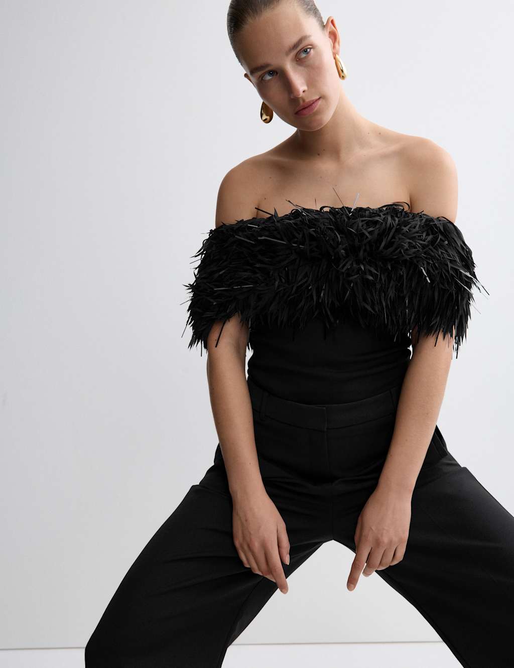 M&S x 16Arlington Feather Detail Off The Shoulder Top Black