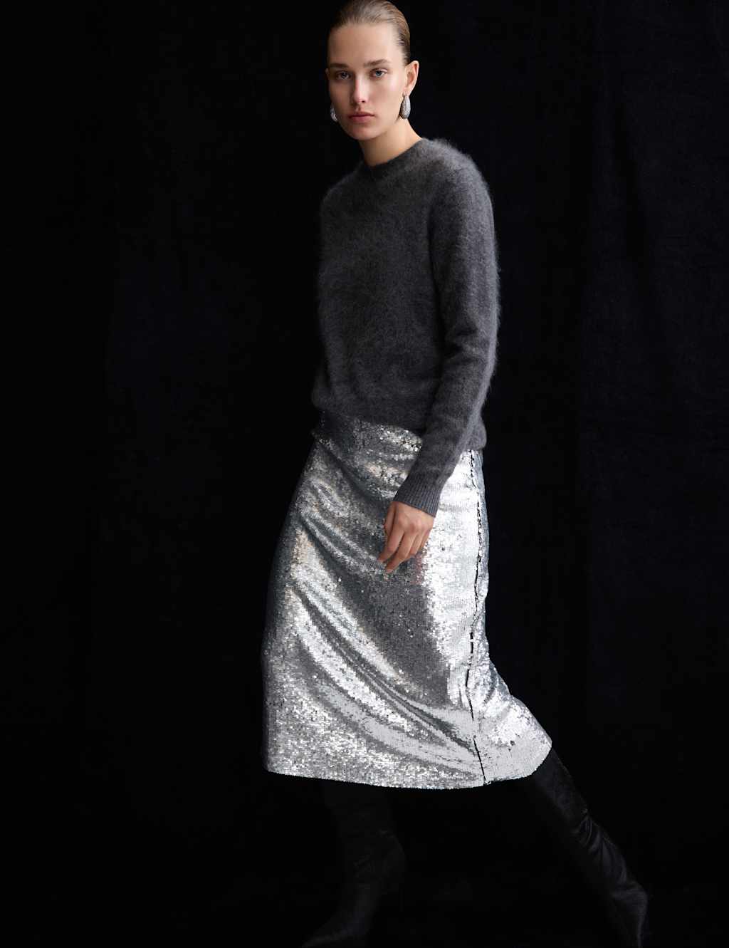 M&S x 16Arlington Sequin Midi Column Skirt Silver
