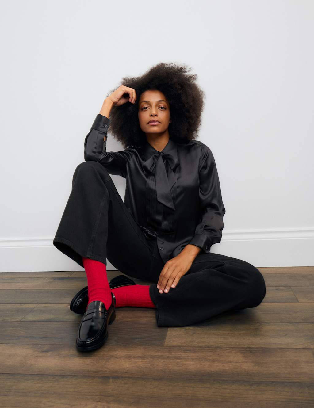 M&S x Bella Freud Pure Silk Pleat Detail Shirt Black