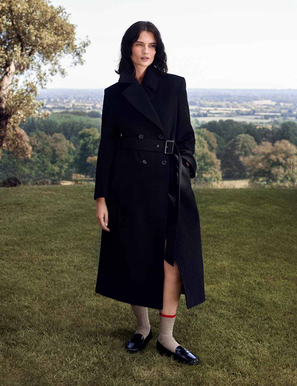 M&S x Bella Freud Pure Wool Belted Double Breasted Coat Black