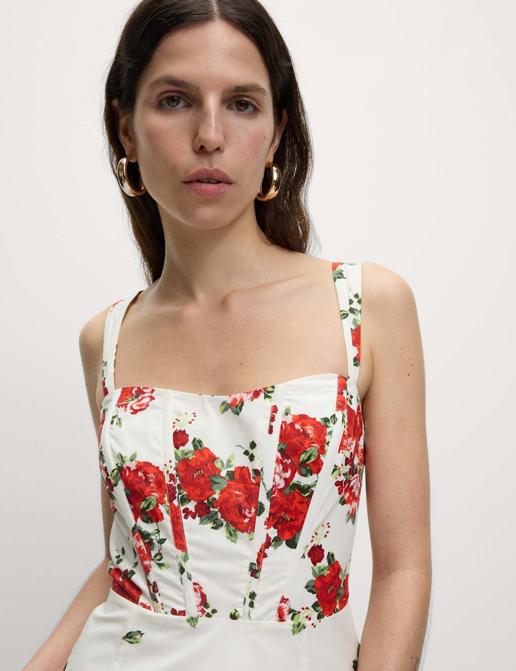 Pure Cotton Floral Corset Midi Skater Dress
