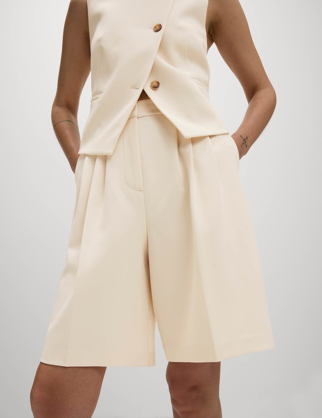 High Waisted Pleat Front Bermuda Shorts