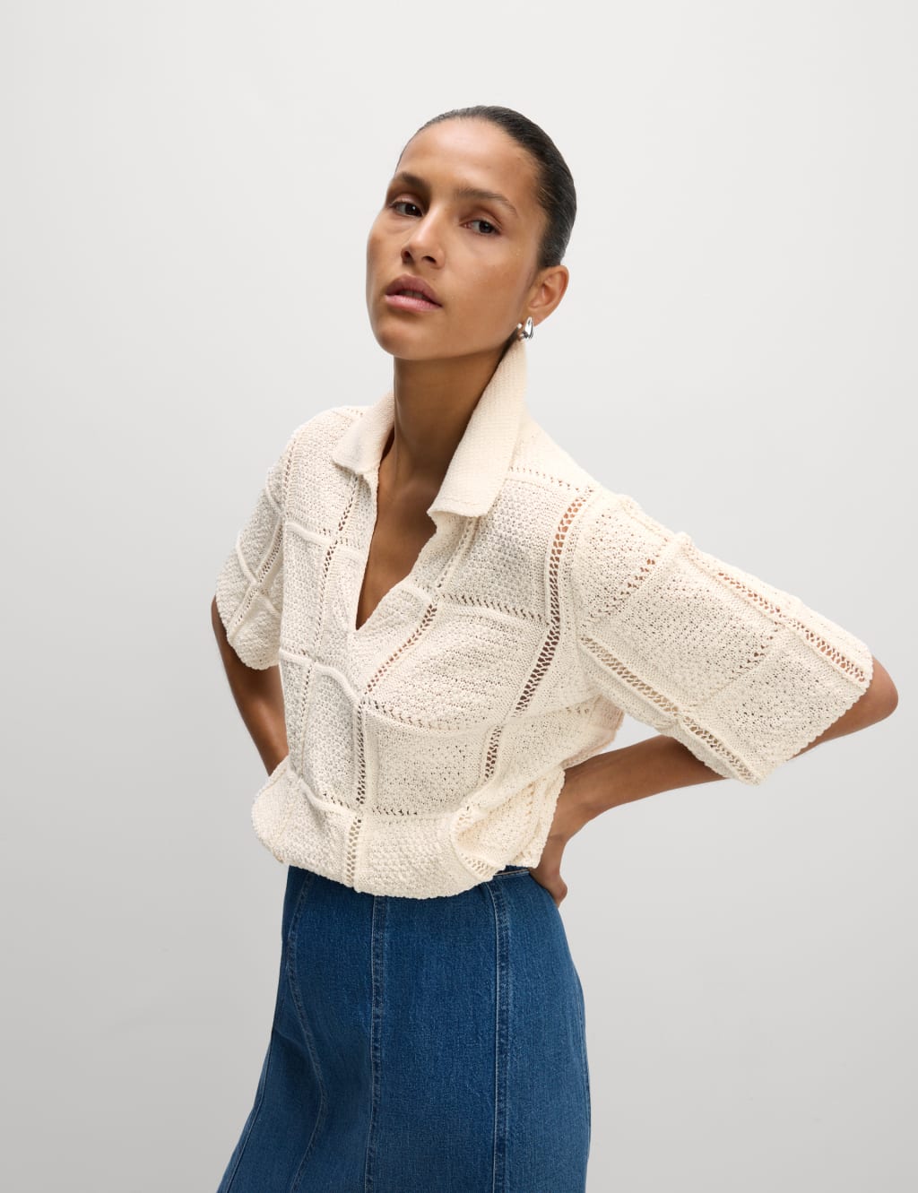 Cotton Blend Openstitch Collared Knitted Top