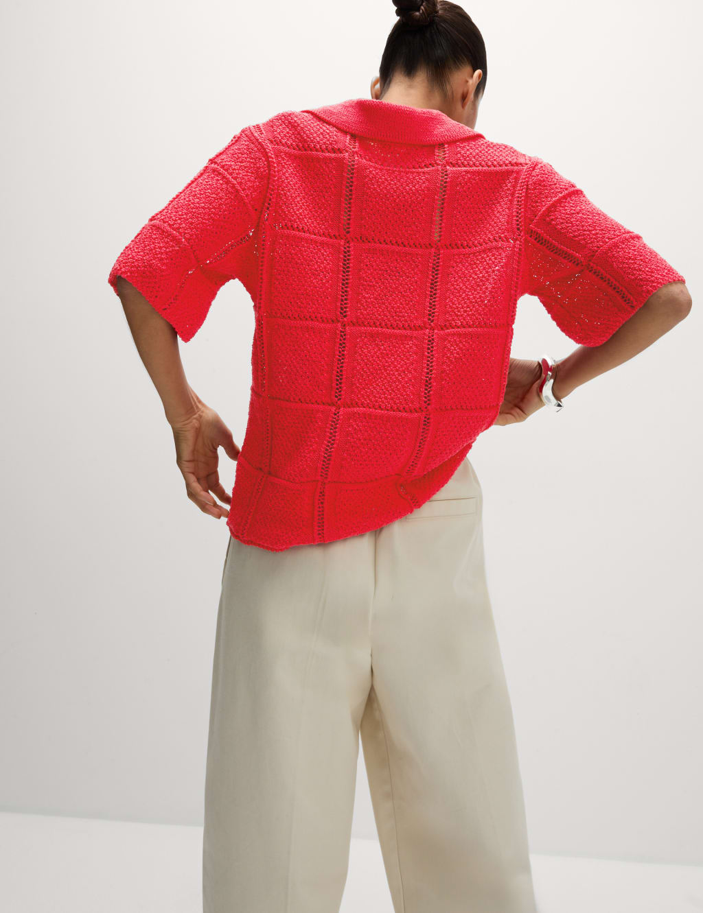 Cotton Blend Openstitch Collared Knitted Top