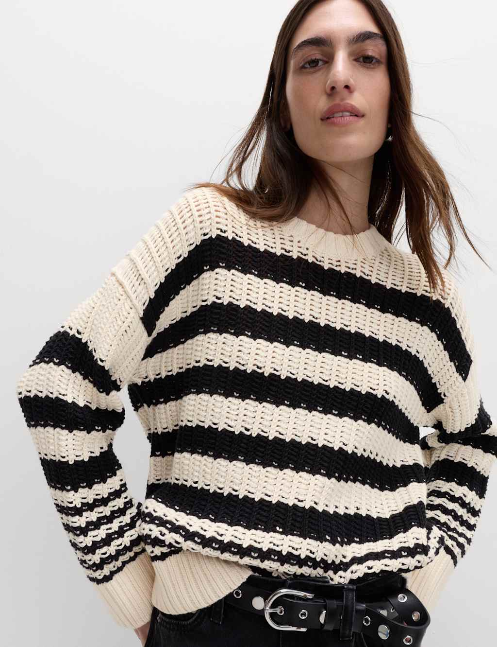 M&S Women's Cotton Rich Striped Relaxed Jumper - Large - Black Mix