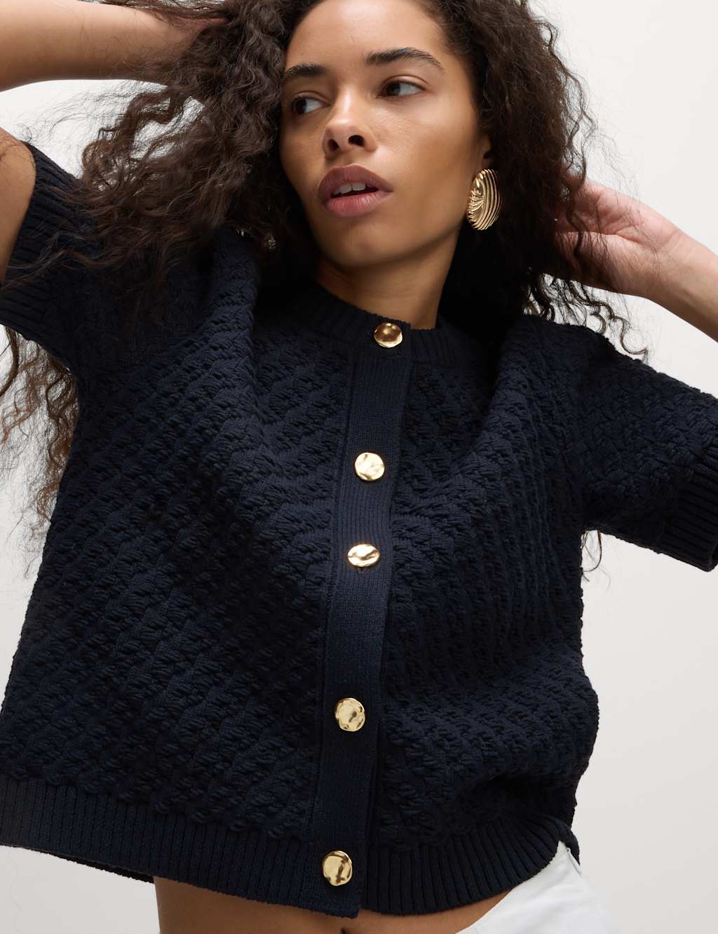 M&S Cotton Blend Textured Button Front Cropped Cardigan Navy