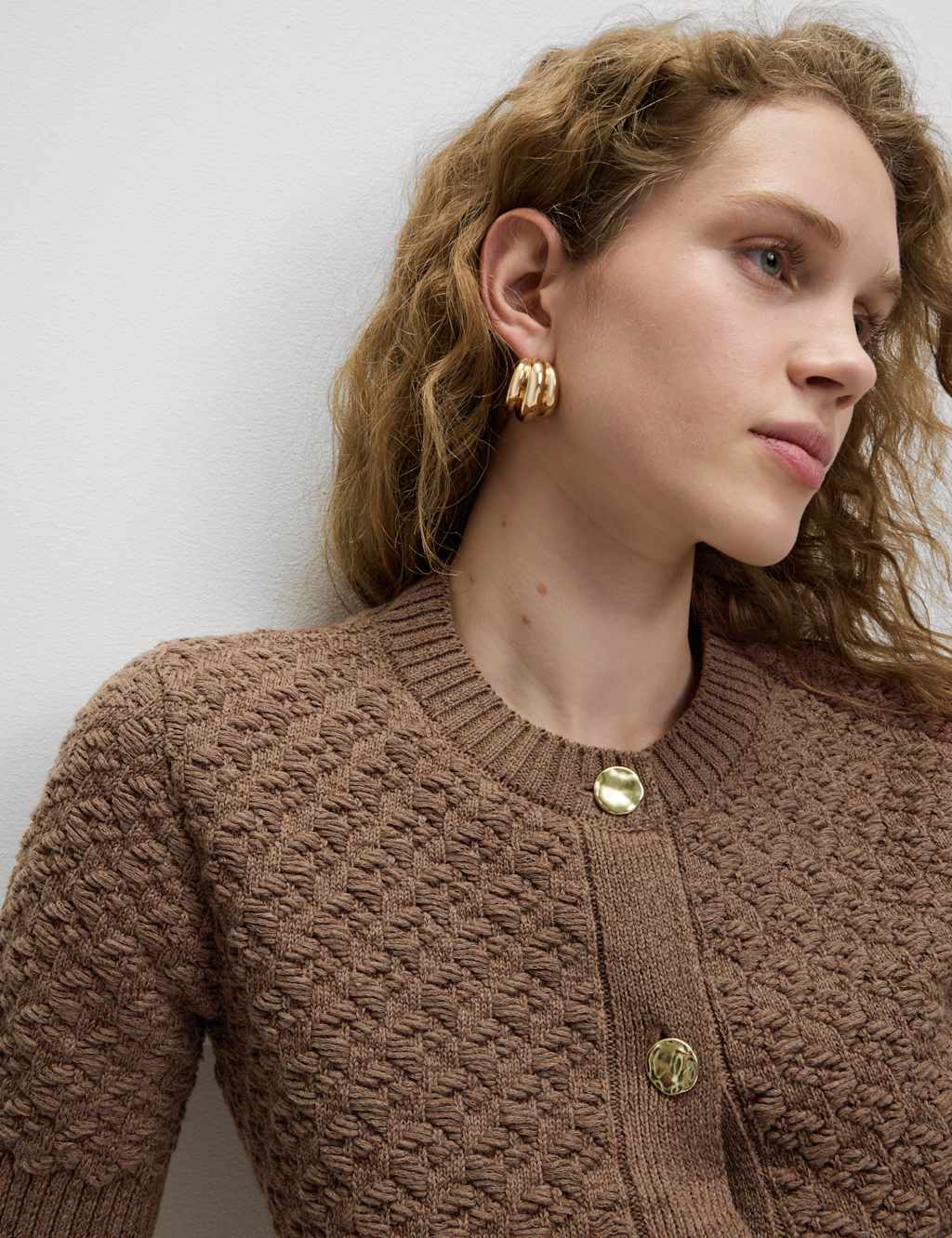 Cotton Blend Textured Button Front Cropped Cardigan