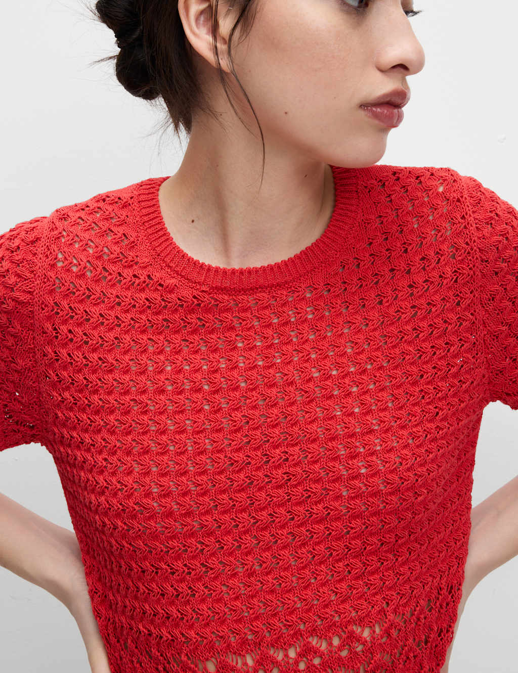 Cotton Blend Pointelle Scallop Edge Knitted Top