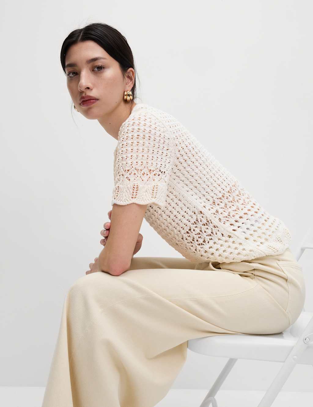 Cotton Blend Pointelle Scallop Edge Knitted Top