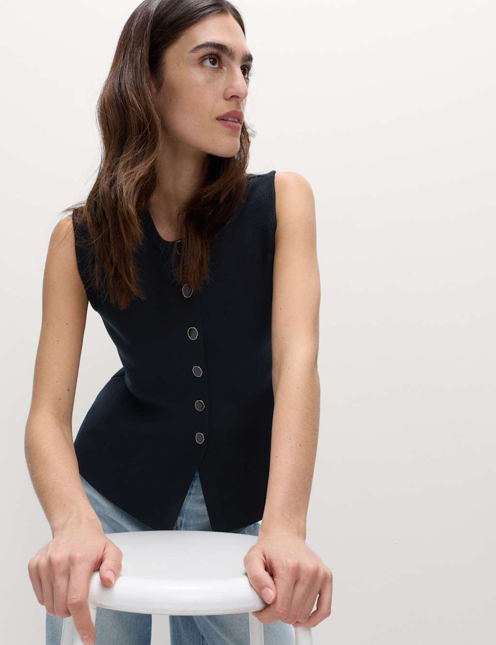 M&S Crew Neck Button Through Waistcoat Navy