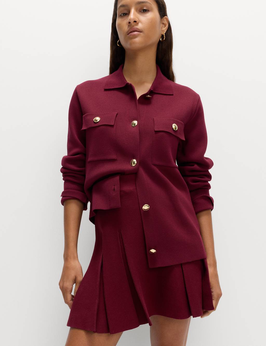 M&S Ribbed Pleated Knitted Mini Skirt Wine