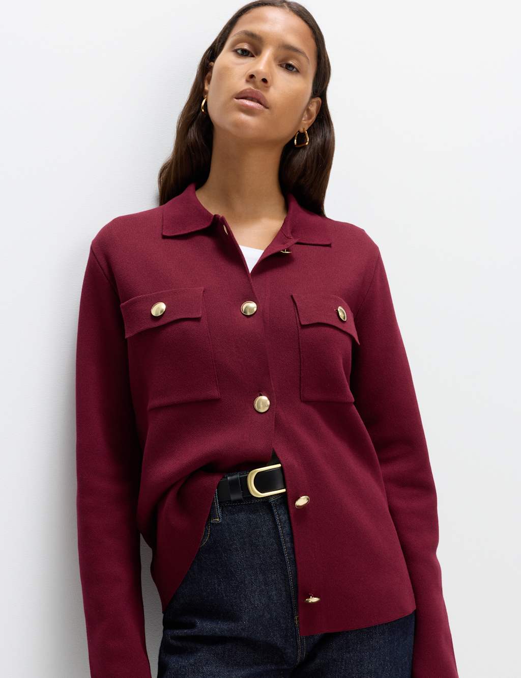 M&S Collared Knitted Jacket Wine