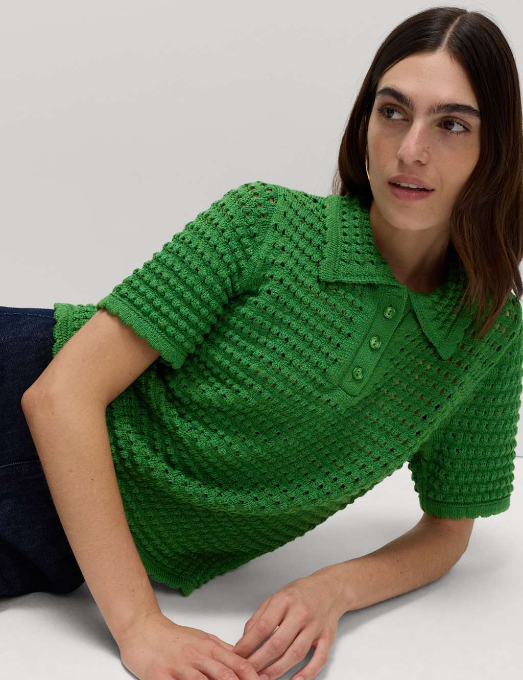 M&S Cotton Rich Open Stitch Knitted Polo Top Fern Green