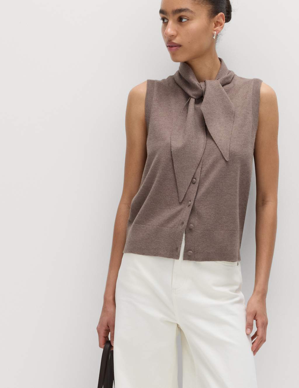 M&S Women's Tie Neck Button Through Knitted Waistcoat - Small - Nutmeg