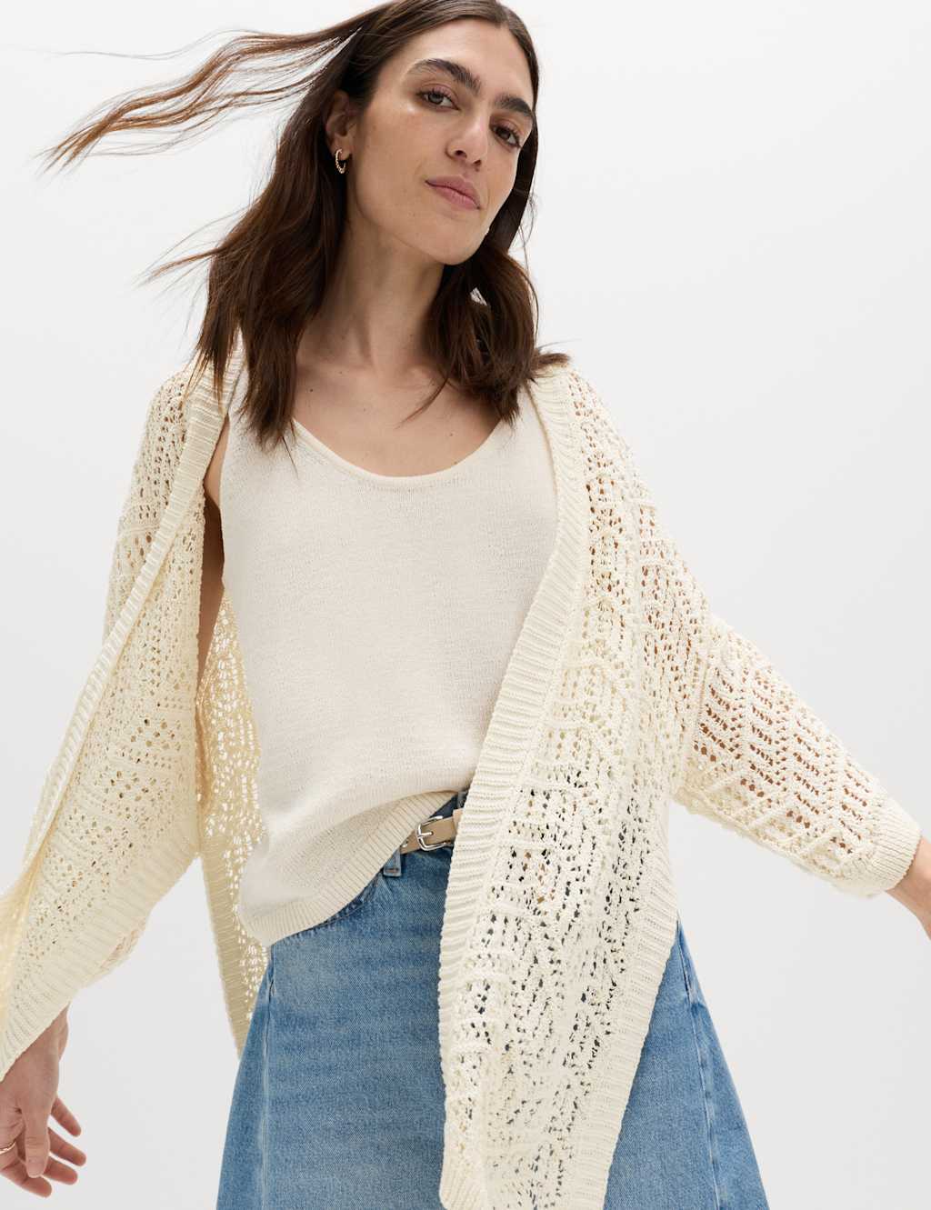 M&S Women's Textured Edge to Edge Longline Cardigan - Medium - Natural