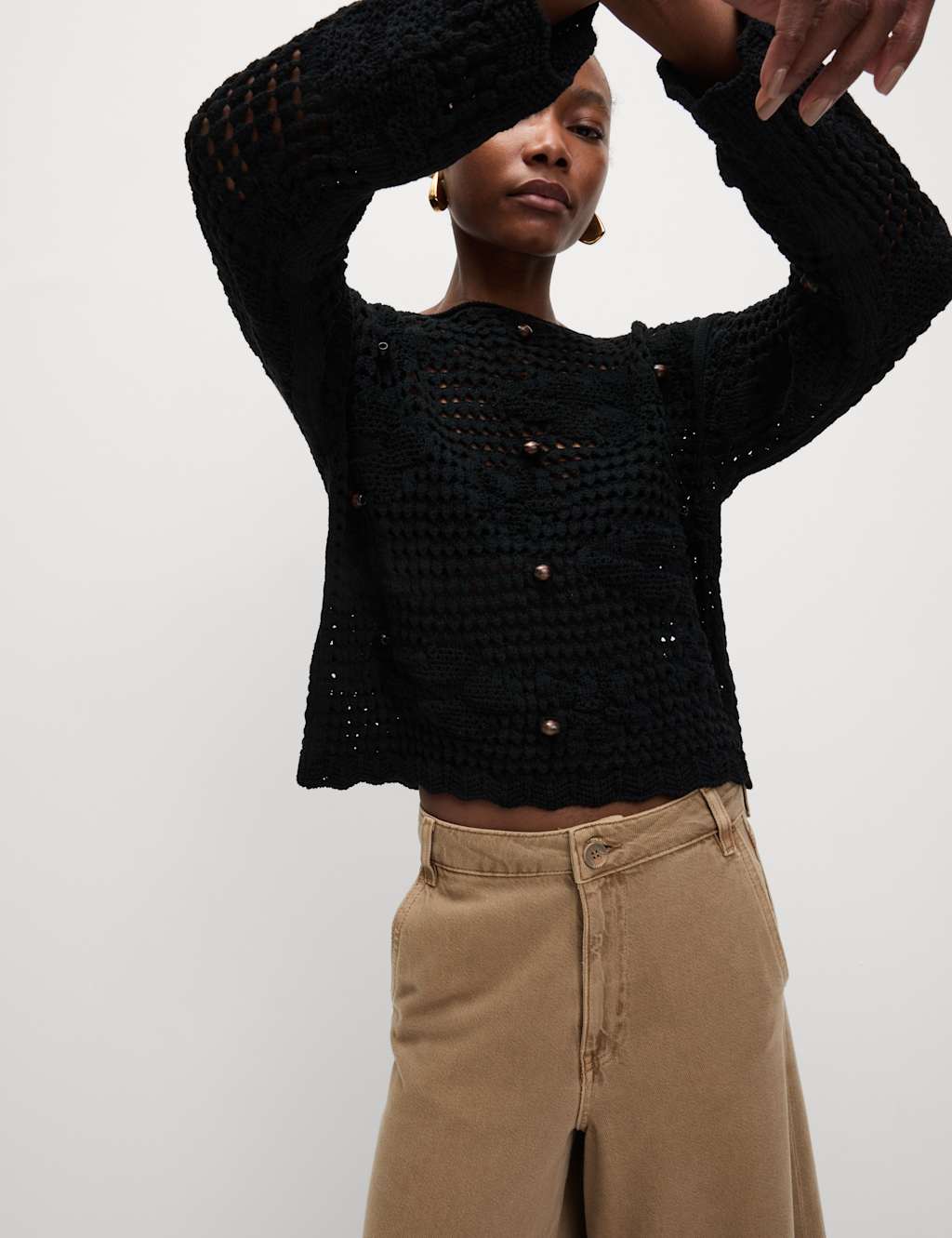 Cotton Blend Open Stitch Relaxed Cropped Jumper