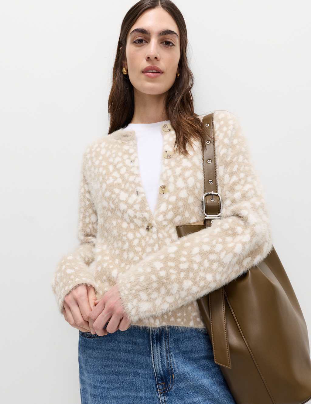 M&S Animal Print Crew Neck Cardigan Neutral