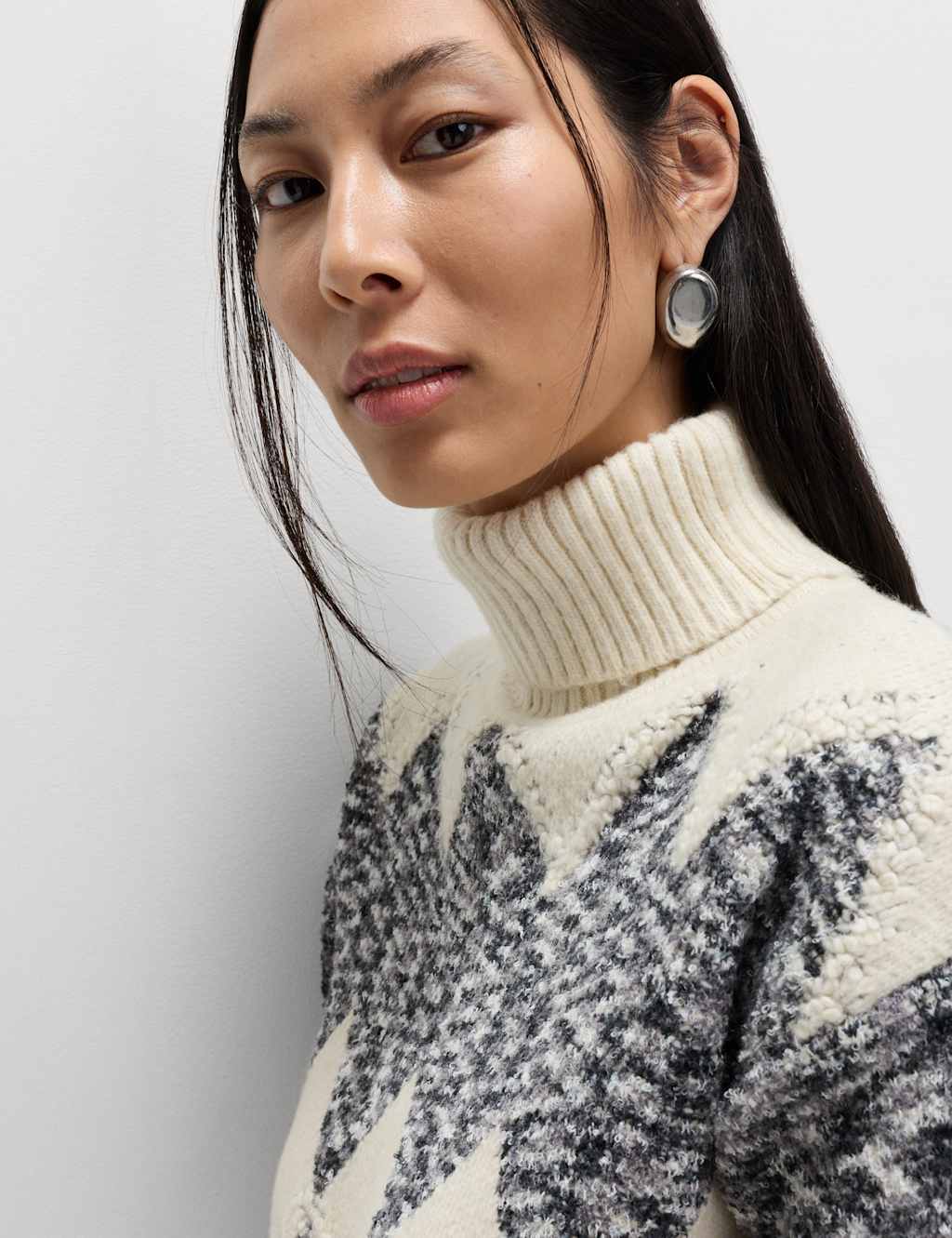 M&S Tweed Argyle Roll Neck Jumper Grey