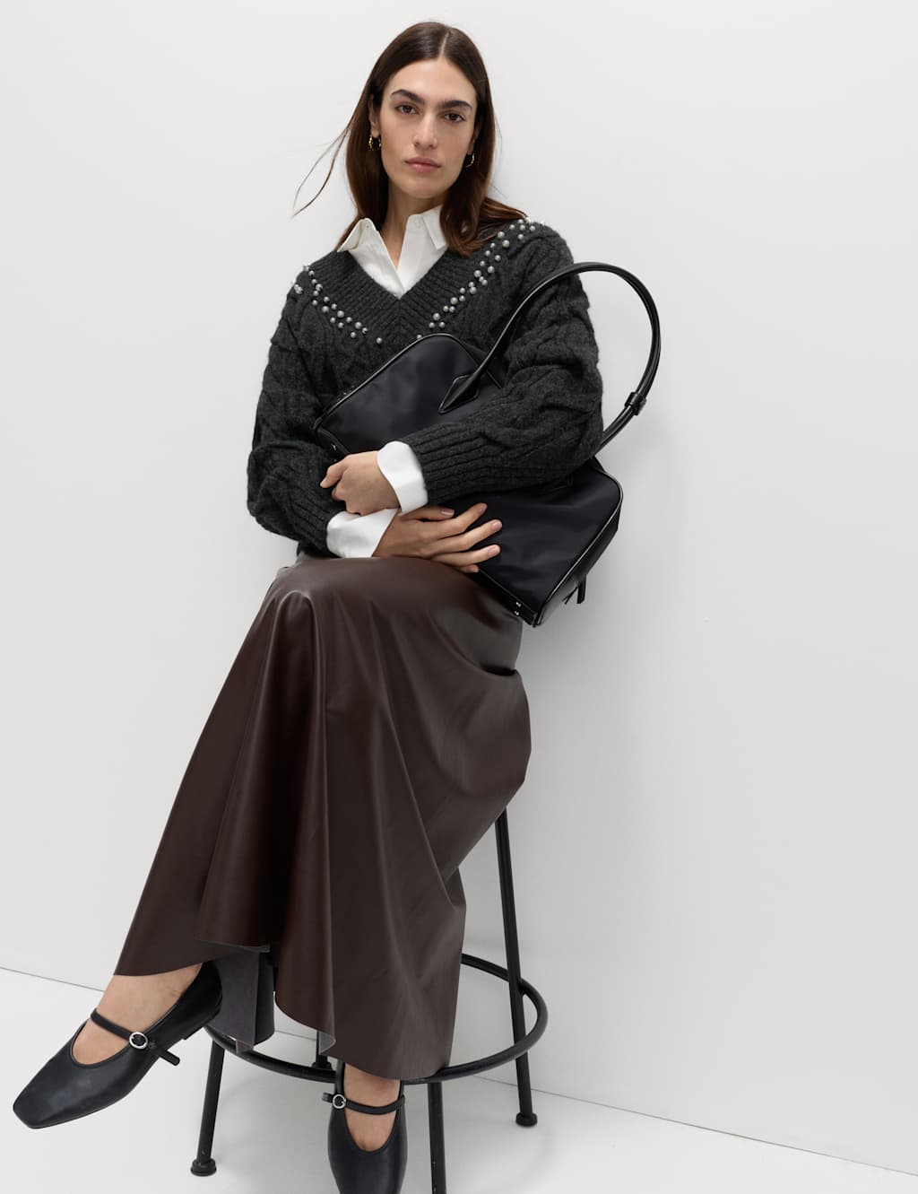 M&S Cable Knit V-Neck Cropped Jumper with Alpaca Wool Charcoal