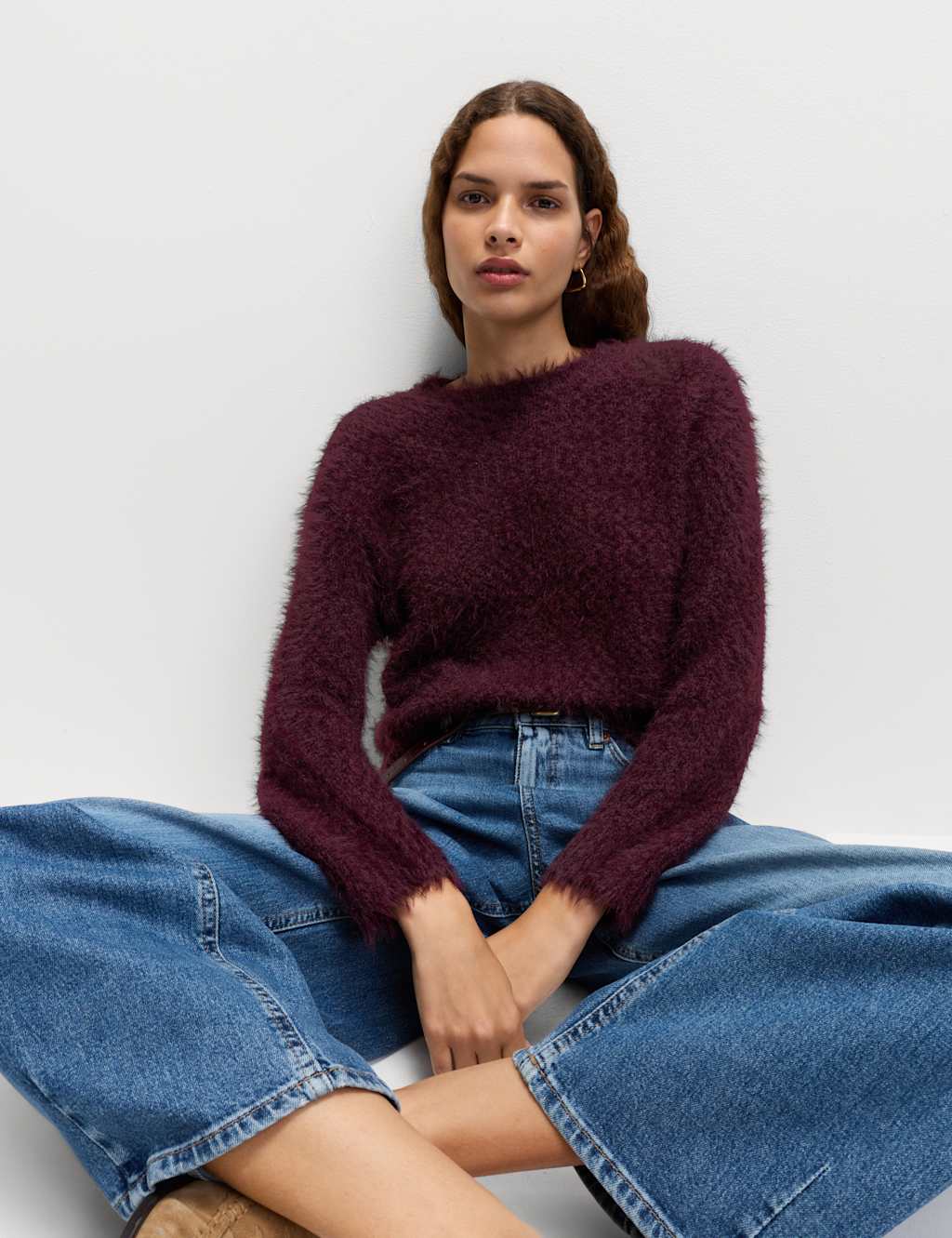 M&S Textured Crew Neck Jumper Dark Grape