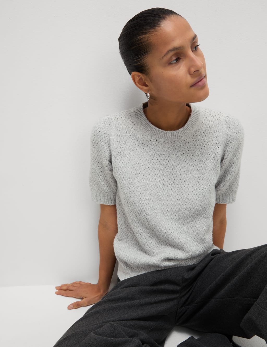 Pointelle Slim Fit Puff Sleeve Top