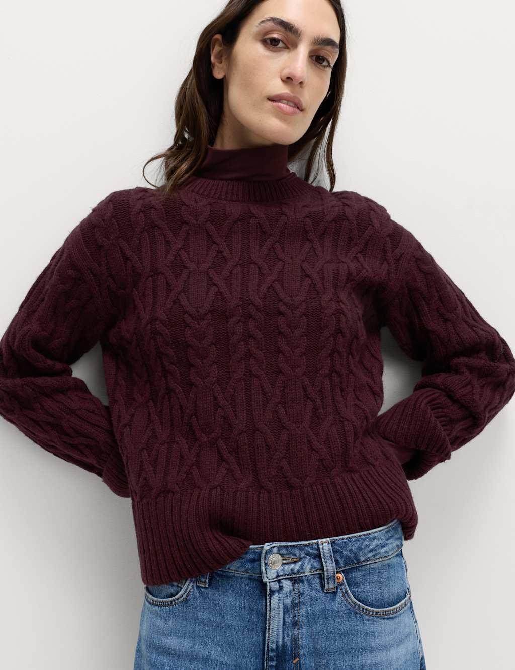 M&S Wool Blend Textured Crew Neck Jumper Dark Burgundy