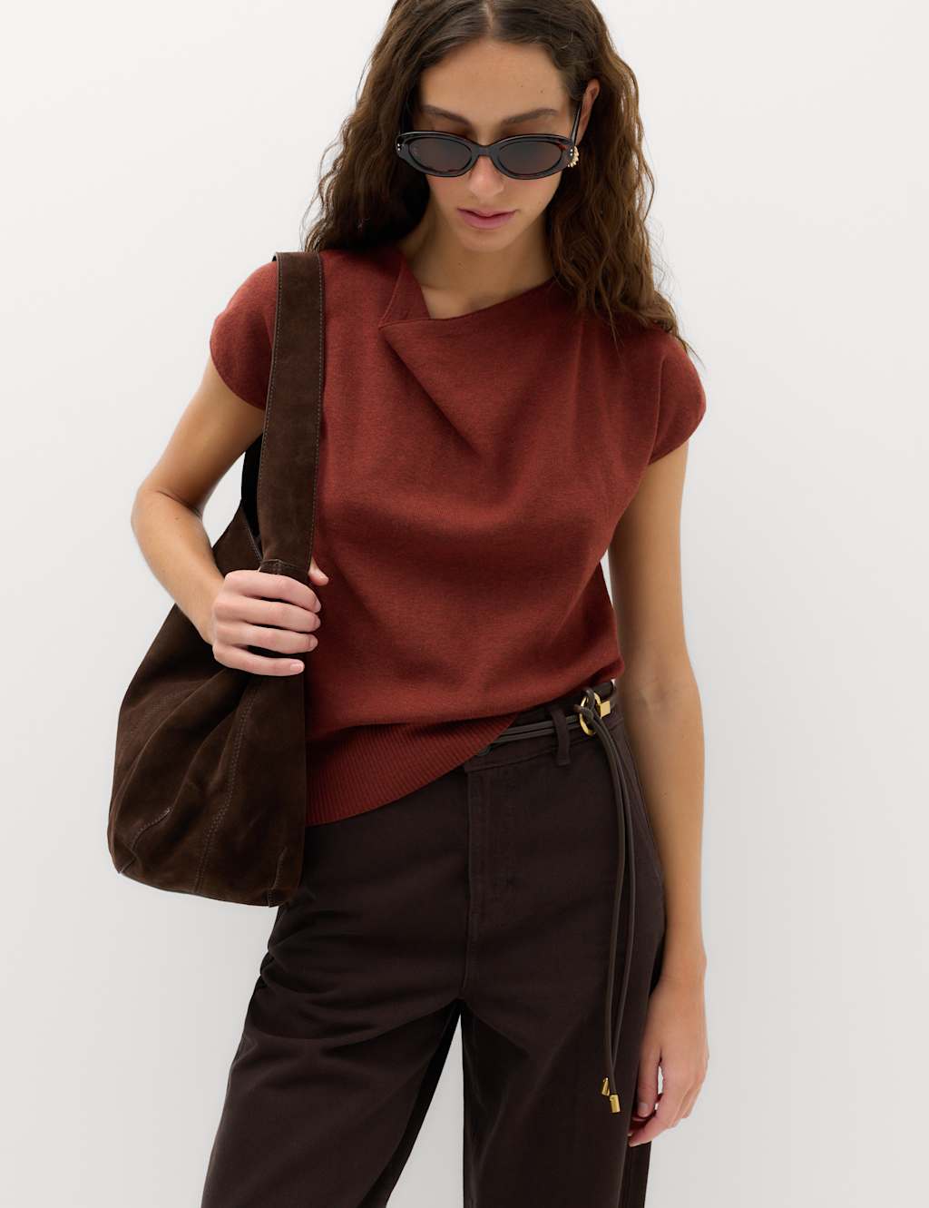 M&S Women's Draped Neck Knitted Top with Wool - Medium - Rust