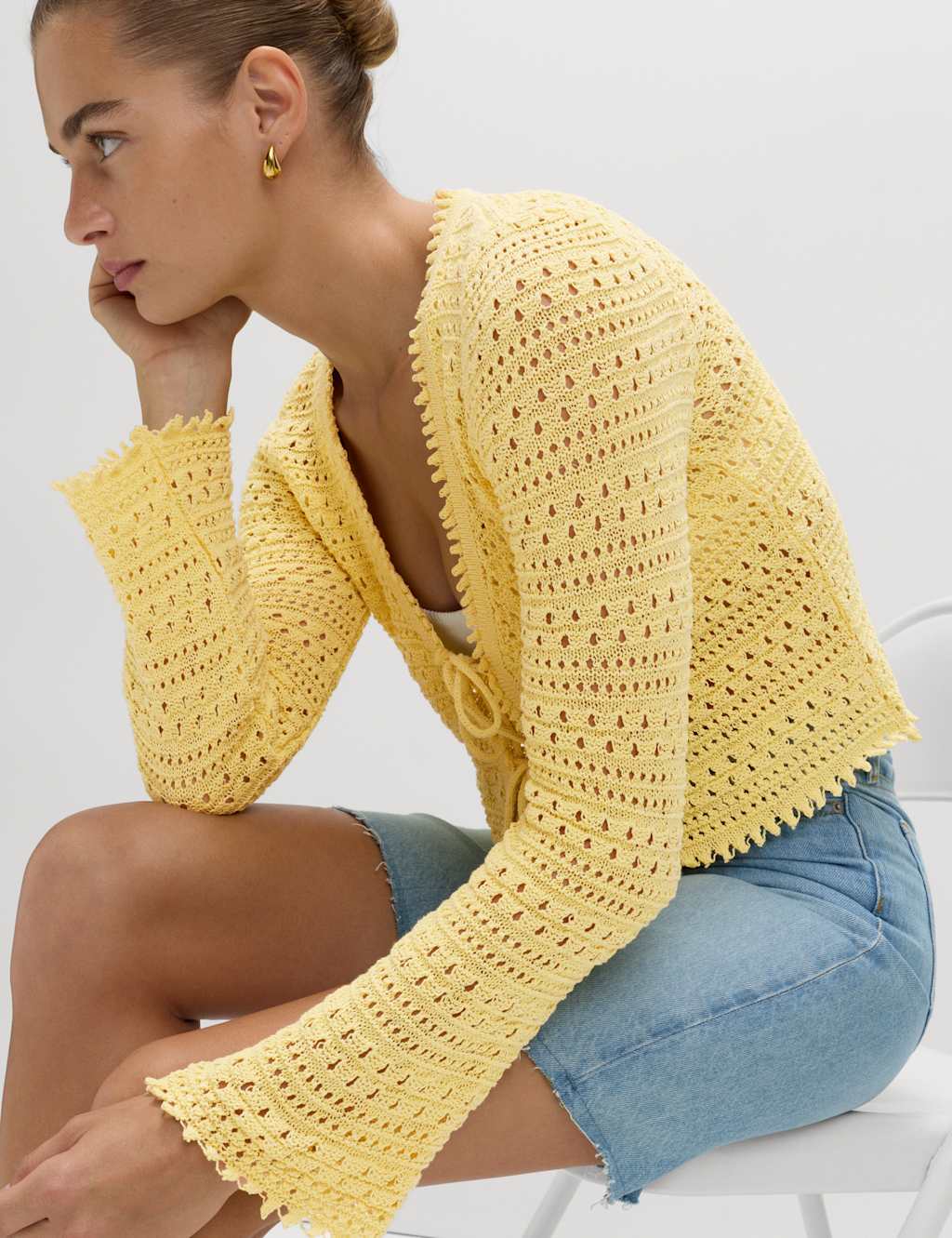 M&S Cotton Blend Pointelle V-Neck Tie Front Cropped Cardigan Buttercup