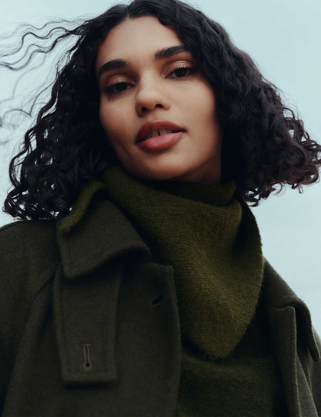 M&S Wool Blend Textured Funnel Neck Jumper Dark Khaki