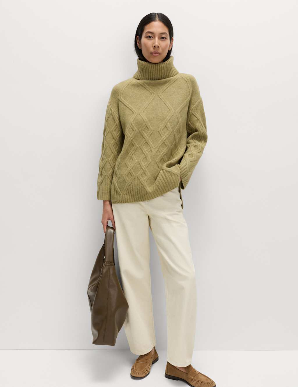 M&S Cable Knit Longline Jumper with Wool Light Khaki