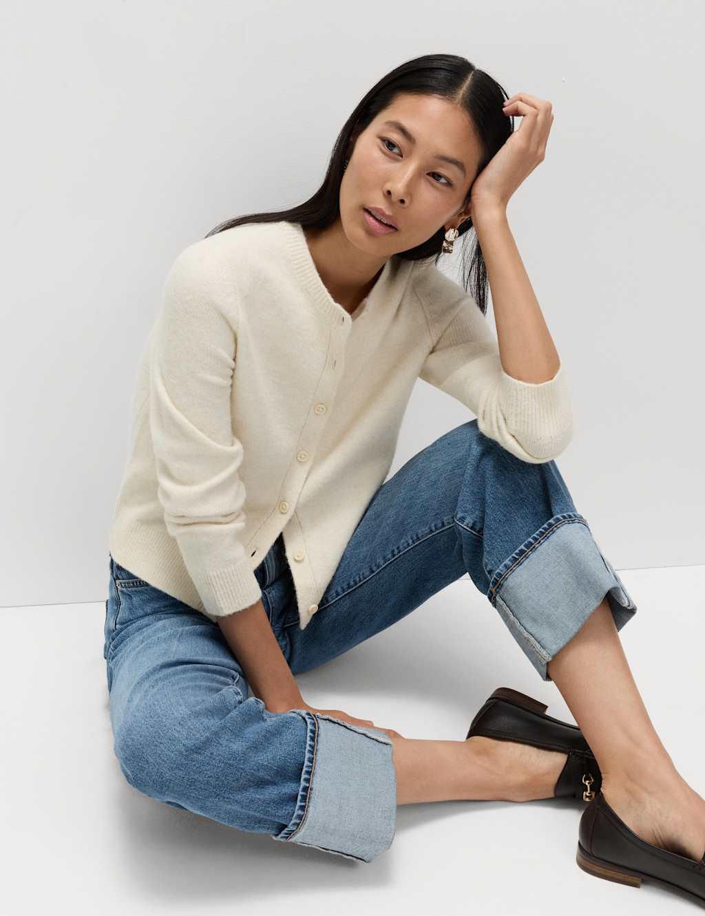 M&S Crew Neck Cardigan with Wool Light Cream