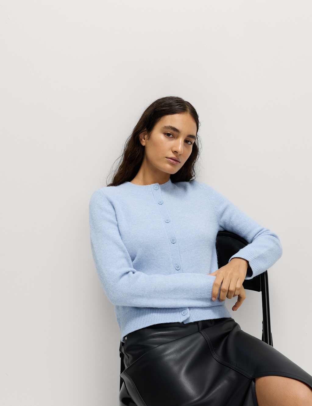 M&S Crew Neck Cardigan with Wool Faded Blue