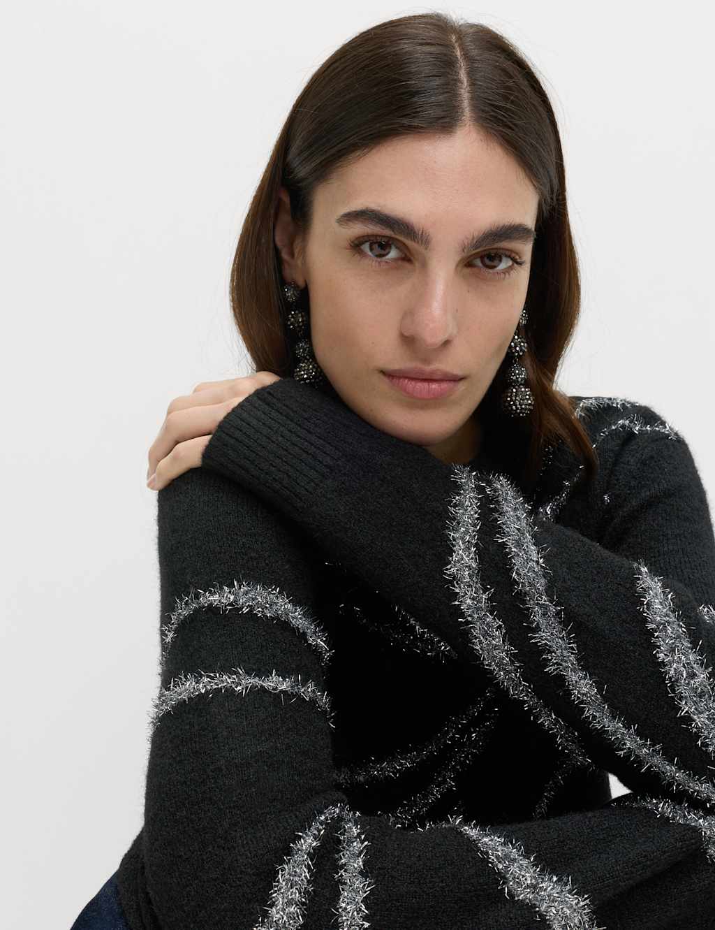 M&S Tinsel Animal Print Jumper with Wool Black